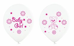 New model! Baby girl with teddy bear big white balloon with print on all 4 sides - for girls pack of 100 pcs.