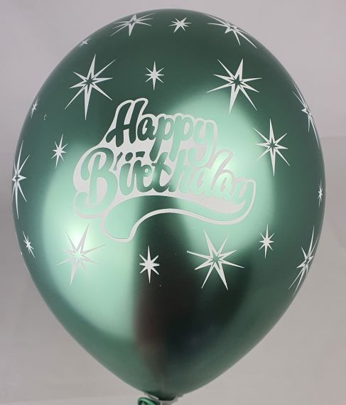 НОВ МОДЕЛ! Луксозен хром Зелено балон с печат Happy Birthday - размер 14" 