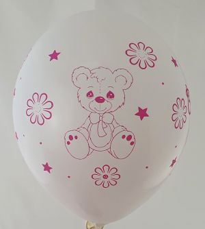 New model! Baby girl with teddy bear big white balloon with print on all 4 sides - for girls pack of 100 pcs.