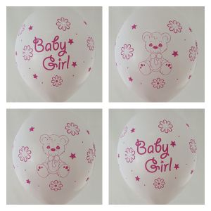 New model! Baby girl with teddy bear big white balloon with print on all 4 sides - for girls pack of 100 pcs.