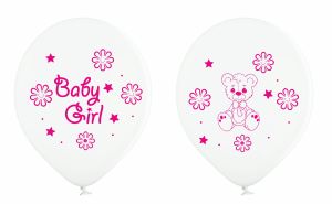 New model! Baby girl with teddy bear big white balloon with print on all 4 sides - for girls pack of 100 pcs.