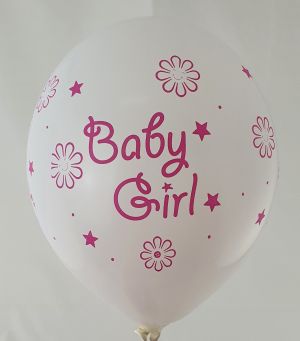 New model! Baby girl with teddy bear big white balloon with print on all 4 sides - for girls   5 pc